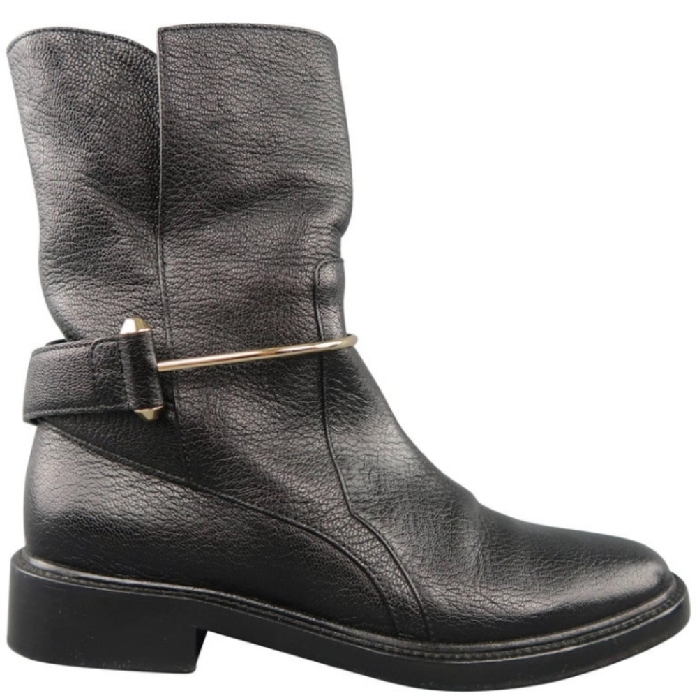 BALENCIAGA EU 40 Black Textured Leather Gold Metal Strap Unisex Biker Boots - Picture 6 of 11